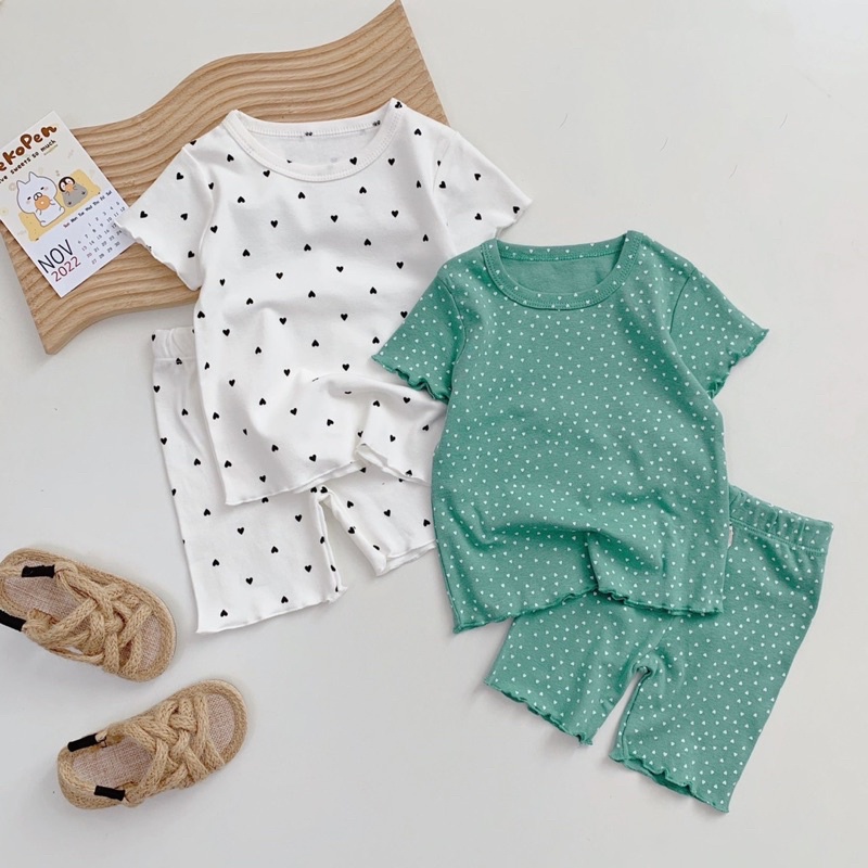 Bộ thun cotton cộc mùa hè cho bé gái, bộ phông mặc nhà trẻ em họa tiết chấm bi vàng, xanh, ghi, trắng mềm mịn, mát mẻ