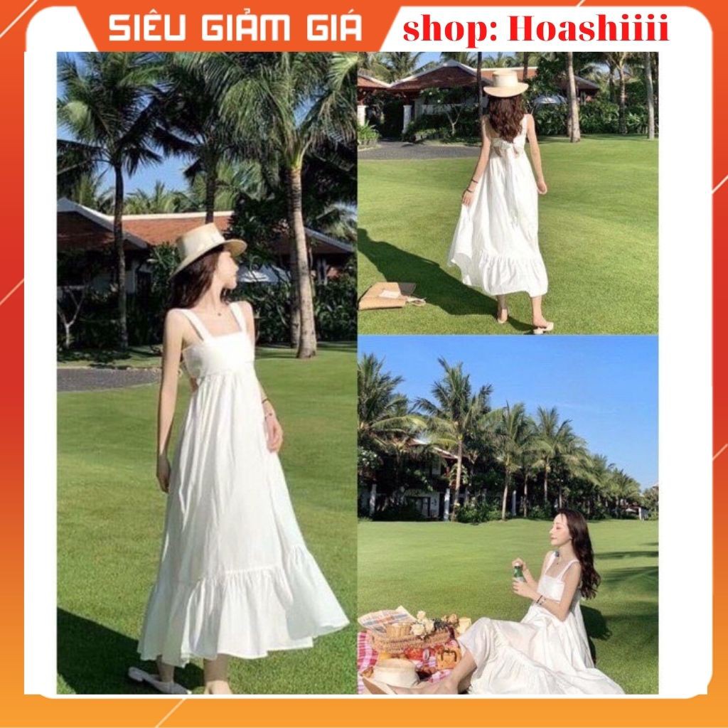 [HÀNG LOẠI 1] Váy maxi đi biển hở lưng / Đầm maxi trắng dài thắt nơ sẵn hàng kèm video