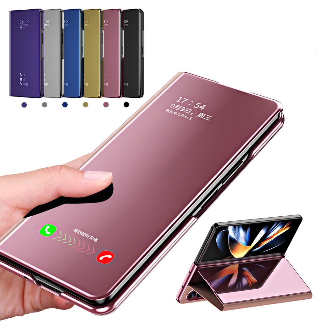 Ốp Điện Thoại Da PU Mặt Gương Trong Suốt Bảo Vệ Toàn Diện Cho Samsung Galaxy Z Fold 4 Z Fold 3