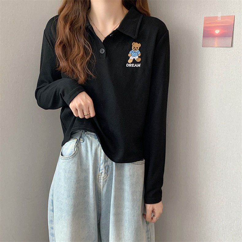 Áo polo Tay Dài Dáng Rộng Thêu Hình Gấu Dễ Thương JL-TX-540