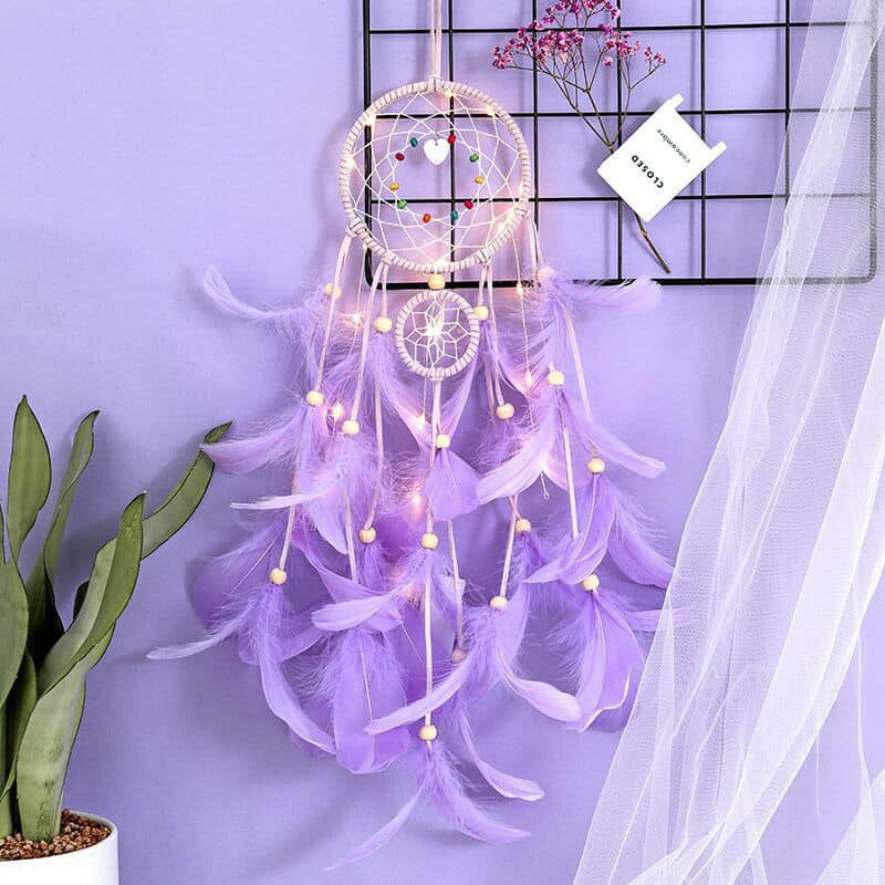 (Hàng Cao Cấp Free Ship) Đồ Treo Trang Trí Dreamcatcher Lông Vũ Lớn Màu Tím ( Bao Giá Toàn Shopee) Loại Có Đèn