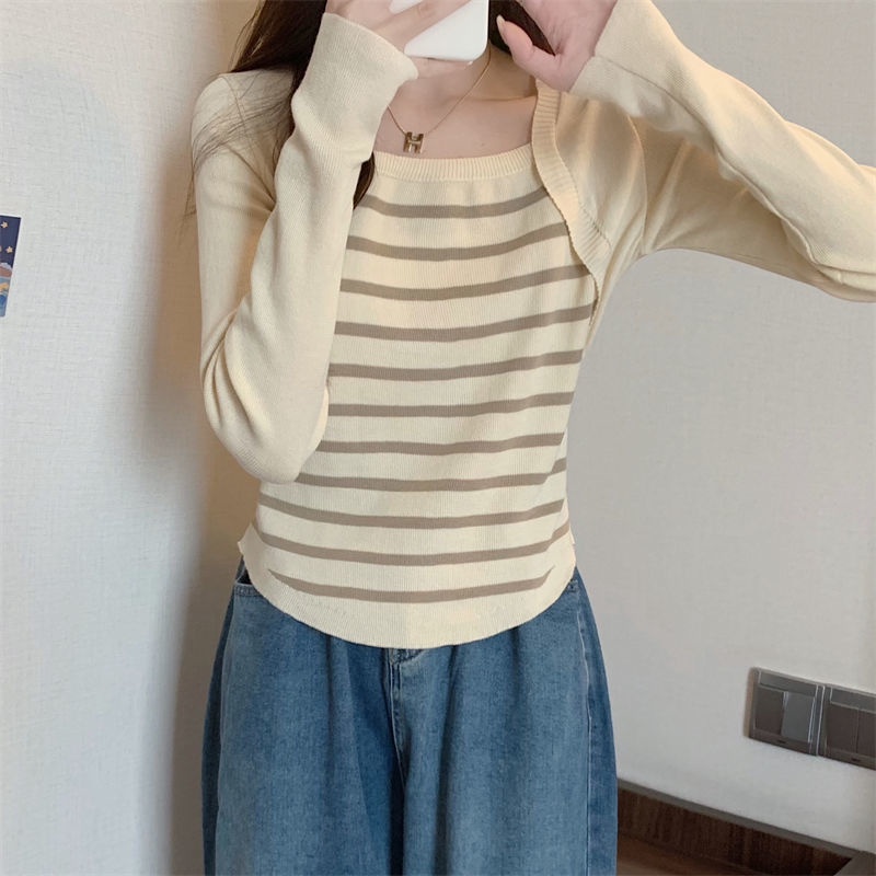 Áo Thun Dài Tay Giả Hai Lớp Họa Tiết Sọc Ngang Thời Trang Dành Cho Nữ