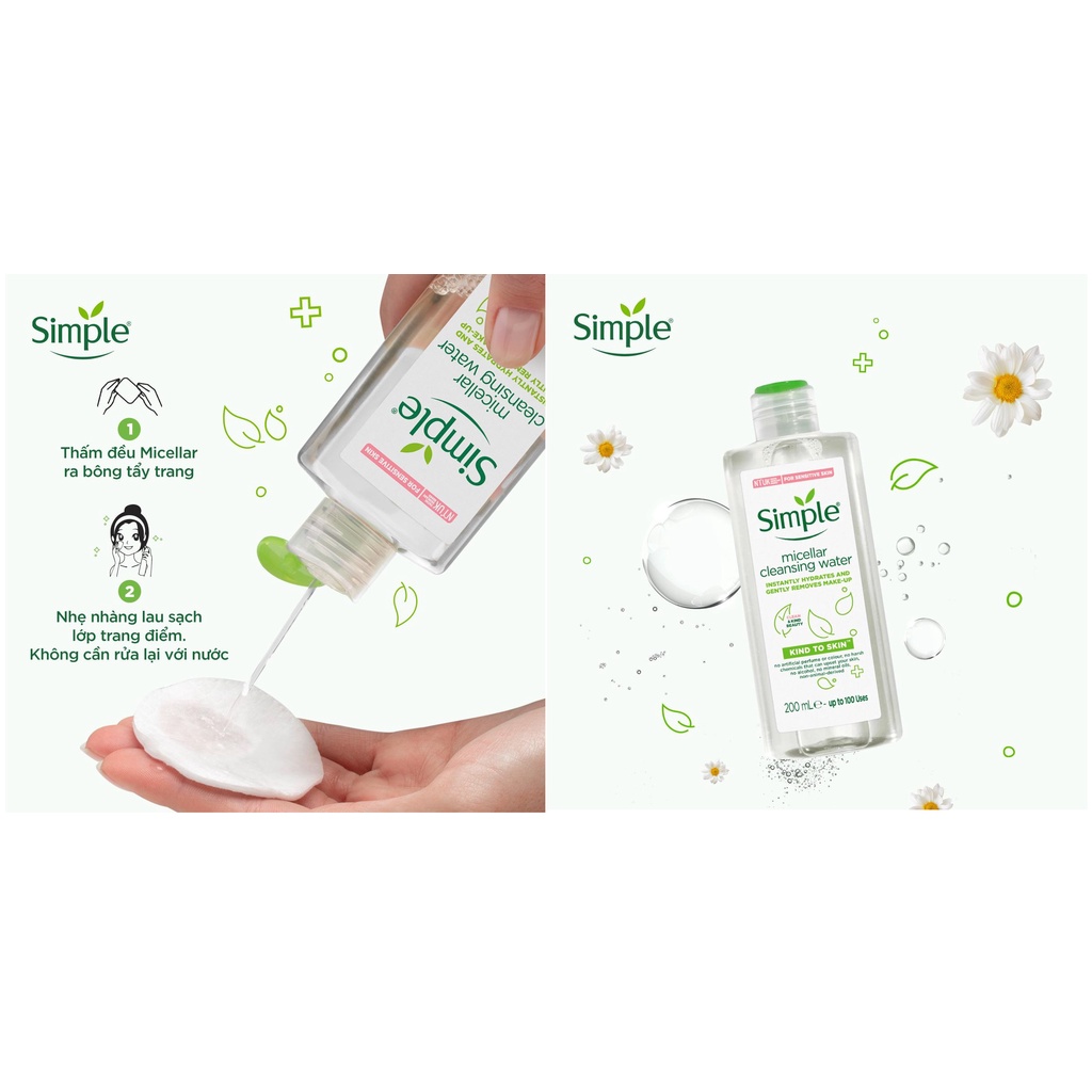 Nước tẩy trang Simple Micellar làm sạch trang điểm vượt trội - không chứa cồn gây khô rát 200ml