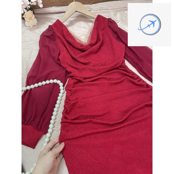 👗 Đầm body tay dài cổ V cách điệu chất thun kim tuyến cáo cấp co giãn tốt - Thời trang VADA - VB65 -IH*)( 👗