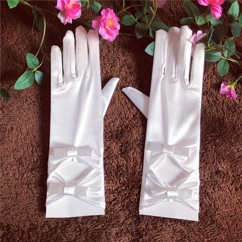 Găng tay cô dâu vải Satin phối ren thắt nơ xinh xắn