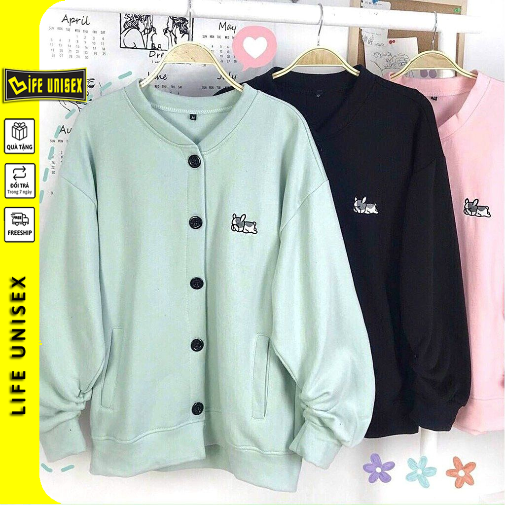 Áo Khoác Cardigian Nỉ Thêu Hình Cún Nam Nữ Ulzzang Unisex Dây Kéo, Áo Khoác Nỉ Form Rộng LIFE UNISEX
