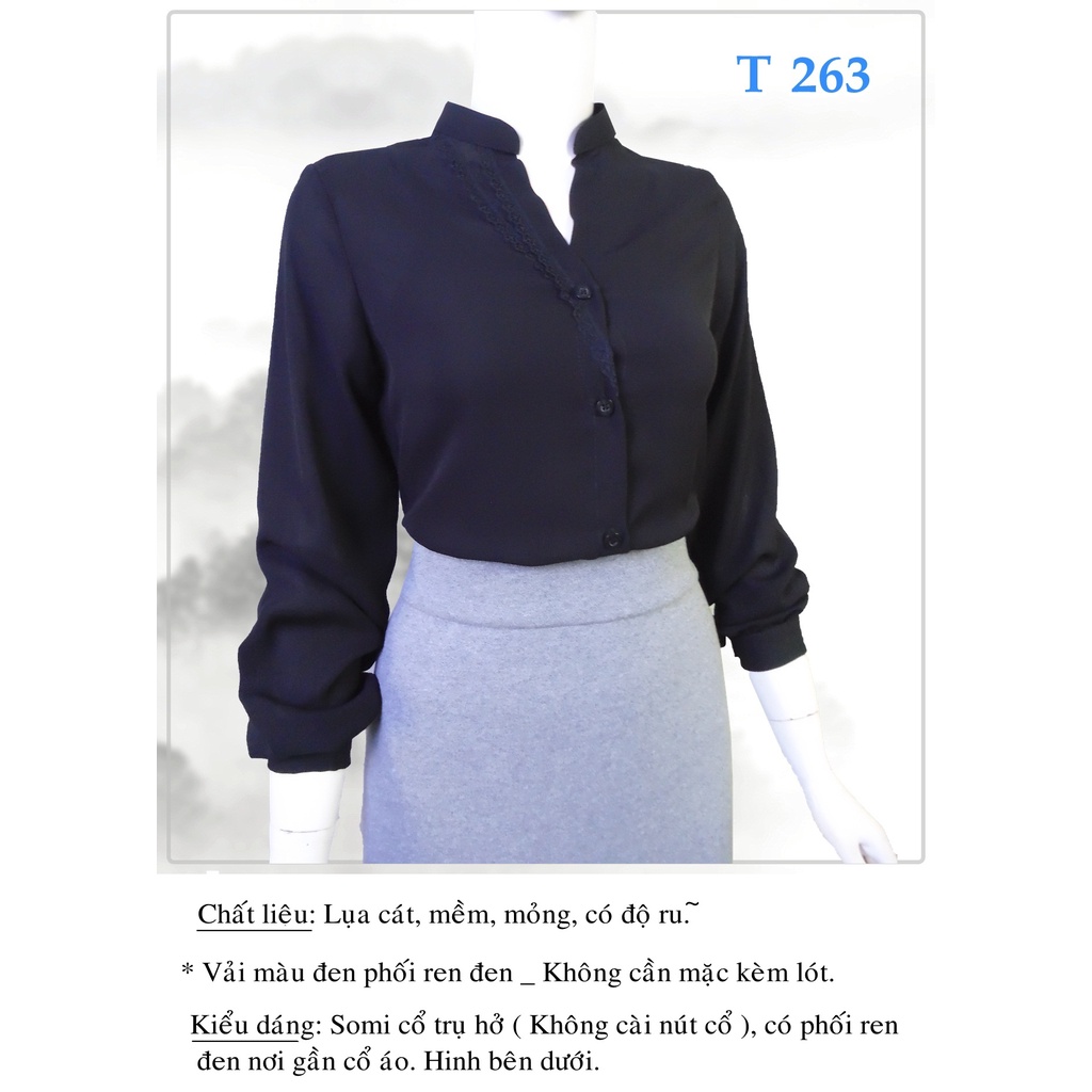 Áo somi cổ trụ, tay dài, màu đen phối ren, voan _ T 263 309