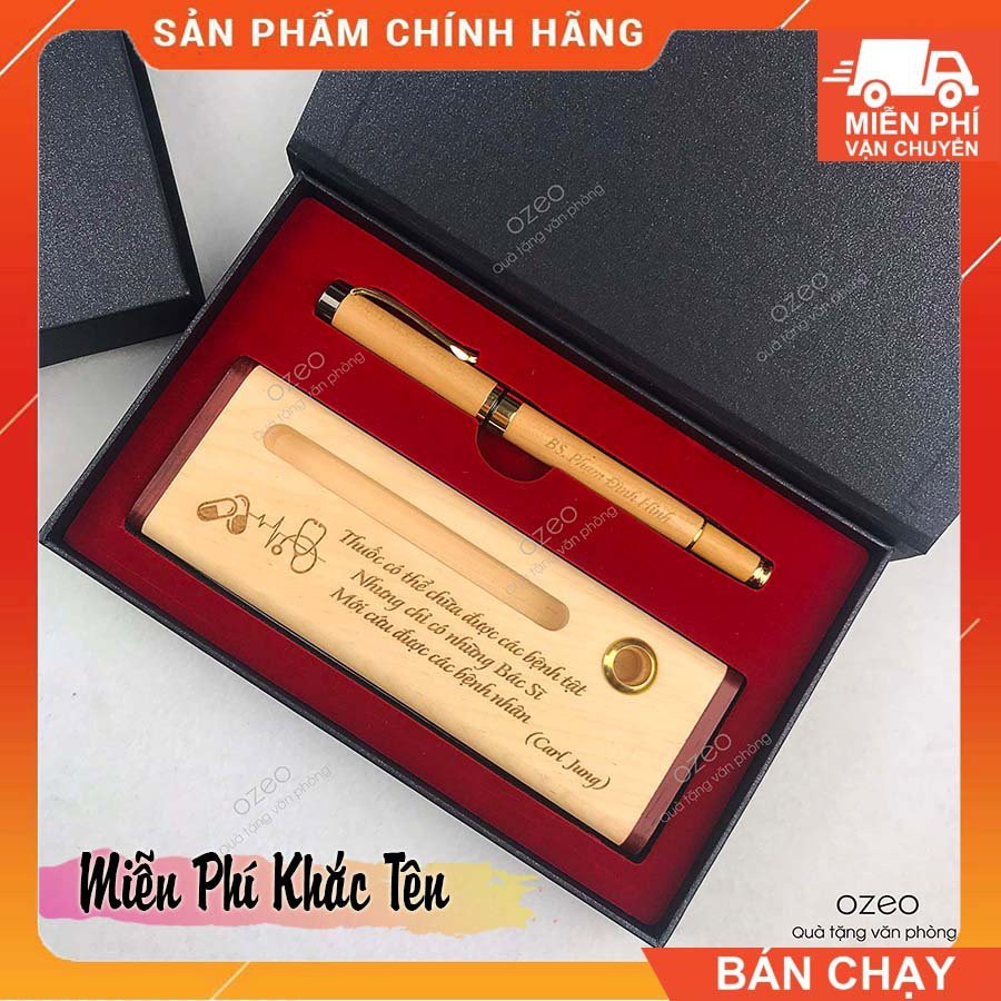 Bộ Quà Tặng Bút Gỗ Khắc Tên, Chữ, Logo Theo Yêu Cầu BG022 - Ozeo 3.0