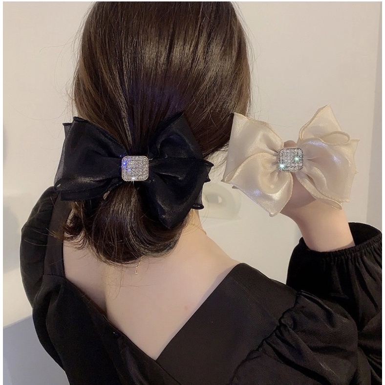 Dây buộc tóc nơ đính đá tiểu thư dễ thương màu đen be dây cột tóc cho nữ phong cách Hàn Quốc