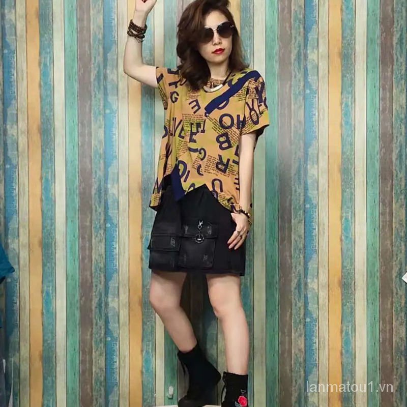 European Leg2021Summer New Loose Printed Letter Irregular Short SleeveTT-shirt Denim Shorts Suit for Women