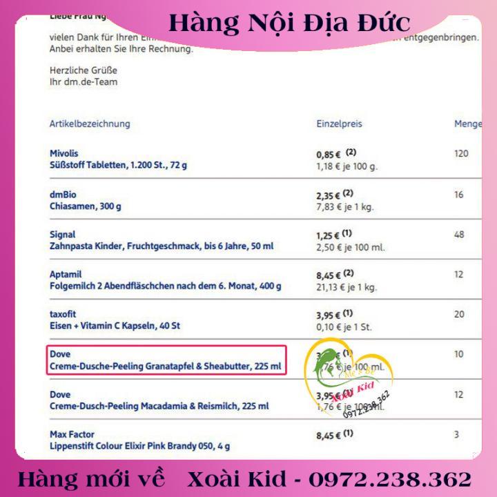 Tẩy tế bào chết, tẩy da chết body và dưỡng thể DOVE nội địa Đức, Đủ Bill và Review [Hot]