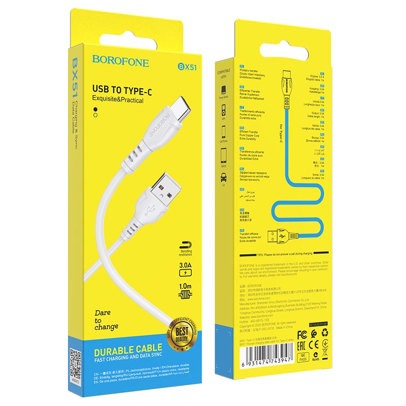 Cáp Sạc Borofone BX51 3.0A Cổng Type-C Dây Dài 1m