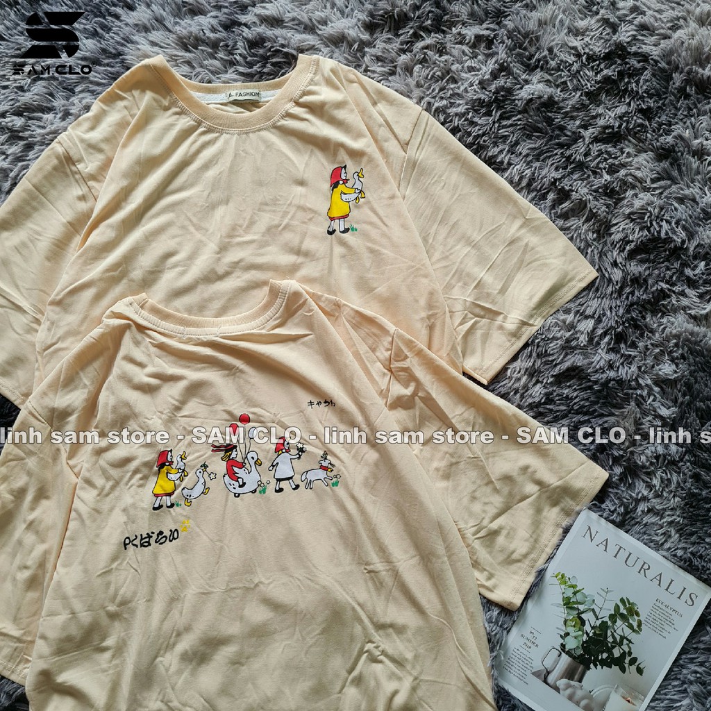 Áo thun tay lỡ nữ freesize phông form rộng Unisex, mặc cặp, nhóm, lớp in hình CÔ GÁI ÔM CON VỊT màu nude sữa