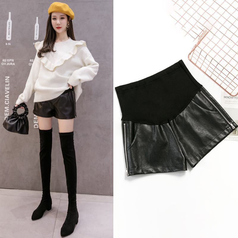 Quần Short Da pu Cotton Dáng Rộng Nâng Bụng Phối Khóa Kéo Cá Tính Cho Mẹ Bầu