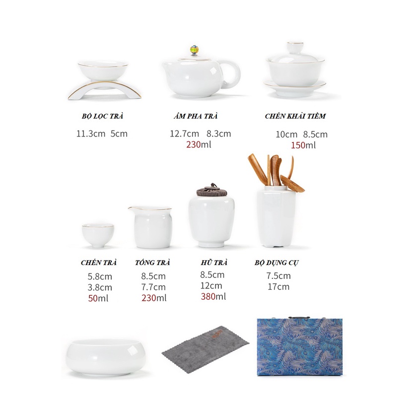 Bộ ấm chén pha trà đạo bằng sứ Bạch Định Thấu Quang 15 Chi Tiết như hình