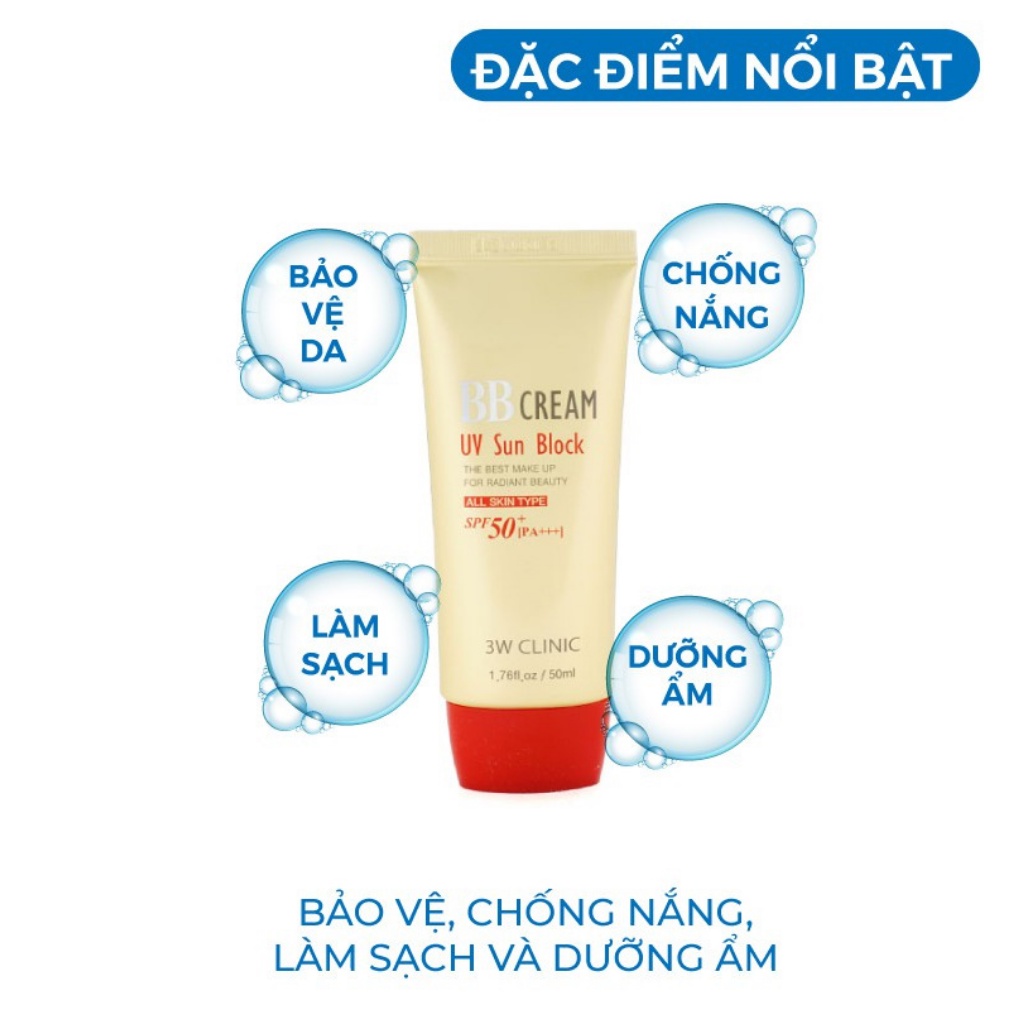 Kem nền trang điểm che khuyết điểm chống nắng BB Cream UV Sun Block 3W Clinic Hàn Quốc 50ml