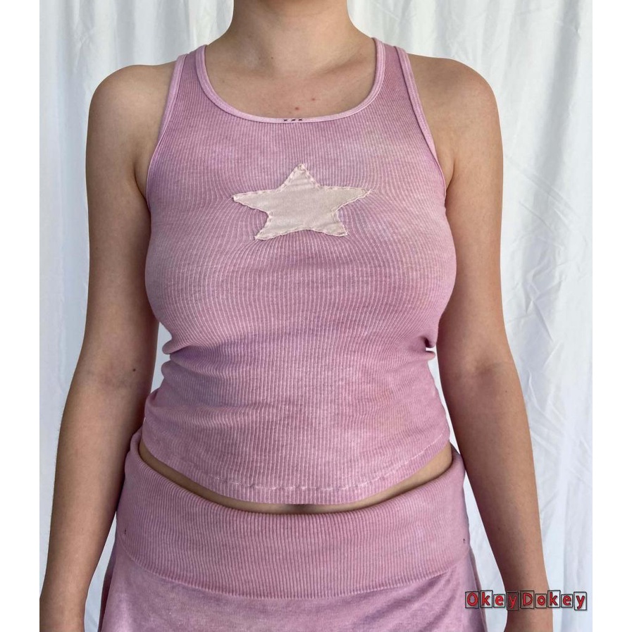 OKDK-y2k Women Summer Tank Tops Retro Star Embroidered Sleeveless Crop Tops