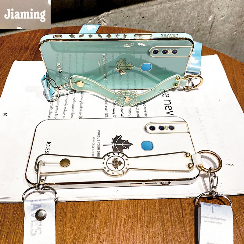 Ốp Điện Thoại Họa Tiết Lá Phong Viền Thẳng Mạ Điện Kèm Dây Đeo Và Vòng Tay Cho Vivo V15