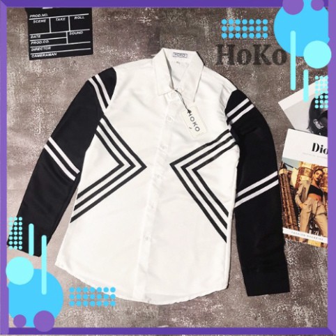 HOKO Áo Sơ Mi Nam Dài Tay Trắng,Phối Tay Sọc Kẻ, Chất Liệu lụa Cao Cấp