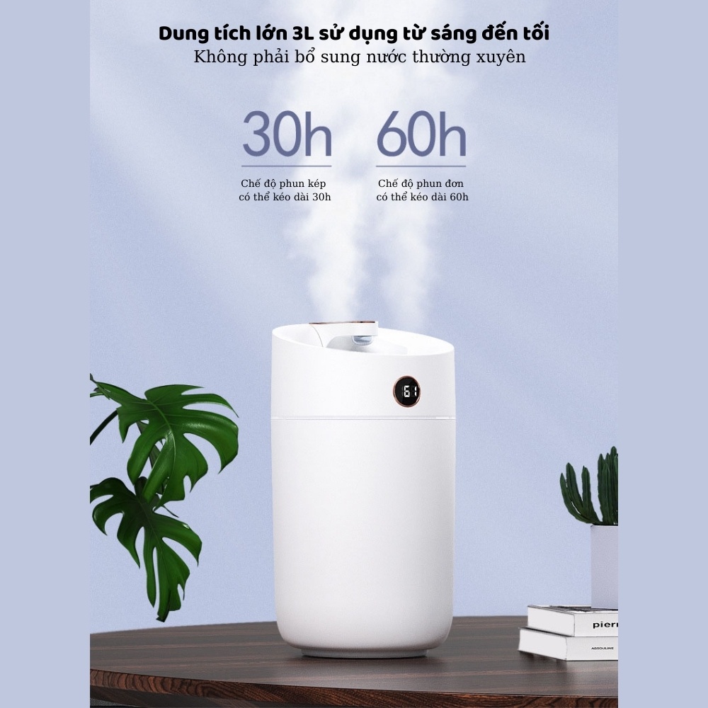 Máy Phun Sương Tạo Độ Ẩm, Xông Tinh Dầu Siêu Âm Cao Cấp Dung Tích 3000ml Đầu Phun Kép Bảo Hành 12 Tháng