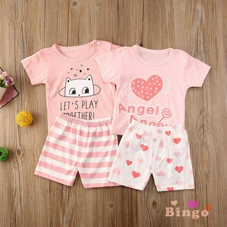 Bộ Đồ Gồm 2 Món Áo Thun Ngắn Tay In Hình Trái Tim / Mèo + Quần Ngắn Lưng Thun Cho Bé Gái 3 Tháng - 4 Tuổi