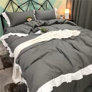 Bộ Chăn Ga Gối Cotton Hoạt Tính Viền Bèo Màu Xám Đậm