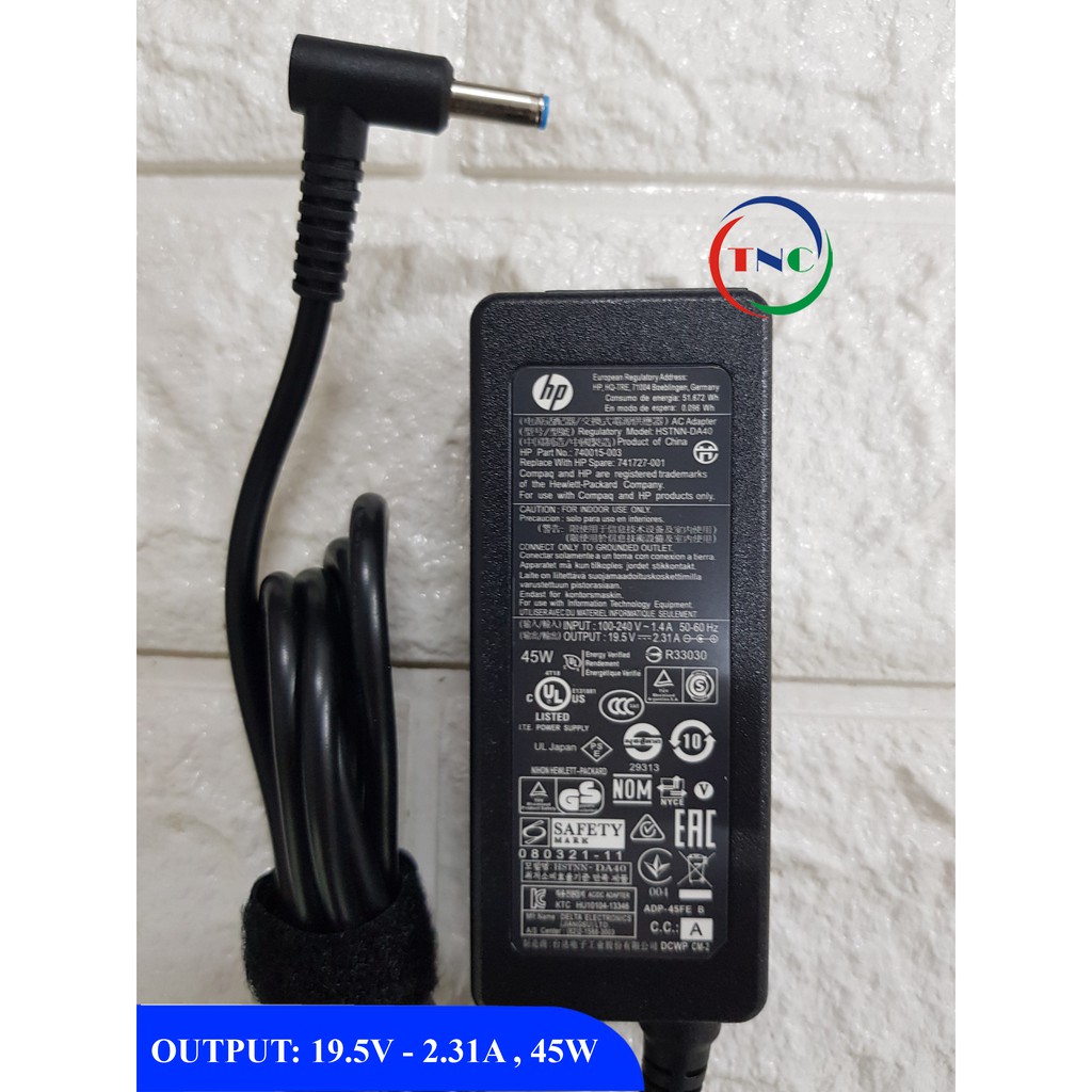 Sạc Laptop HP 19.5V 2.31A (45W) chân kim nhỏ 4.5mm x 3.0mm - tặng kèm dây nguồn