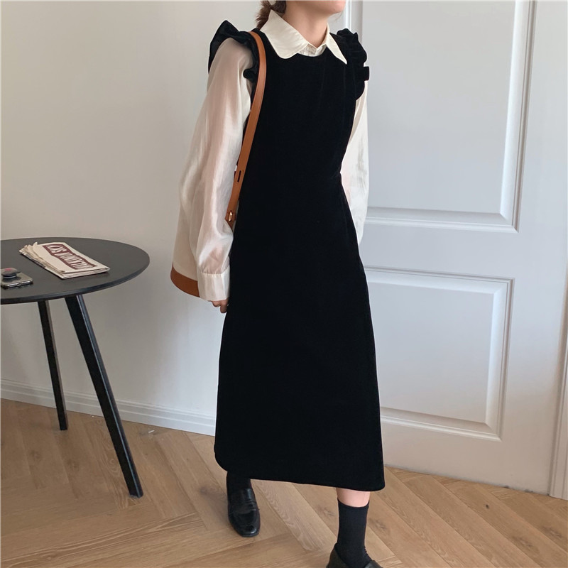 Set Áo Tay Dài Xuyên Thấu + Chân Váy Nhung Màu Trơn Thời Trang 39601 Cho Nữ