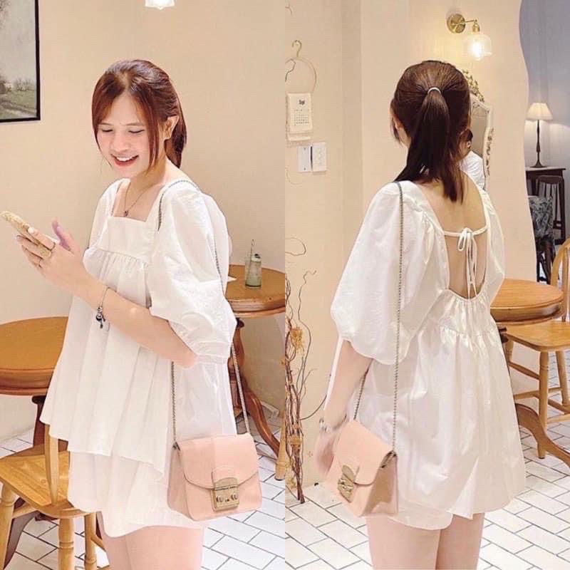 Sét Bộ áo BaByDoll buộc nơ sau mix quần Shorts Đùi, Sét bộ BaBy Doll Nữ