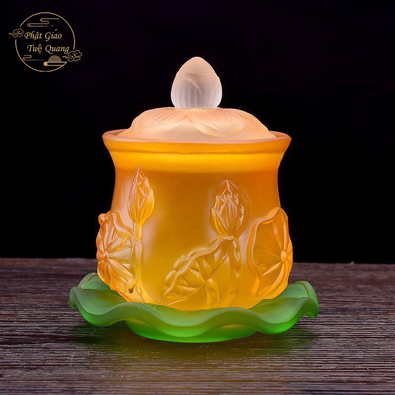 Bộ Thờ Cúng Bình , Lư , Dĩa, Chun , màu vàng lưu ly Cao Cấp - Phật Giáo Tuệ quang