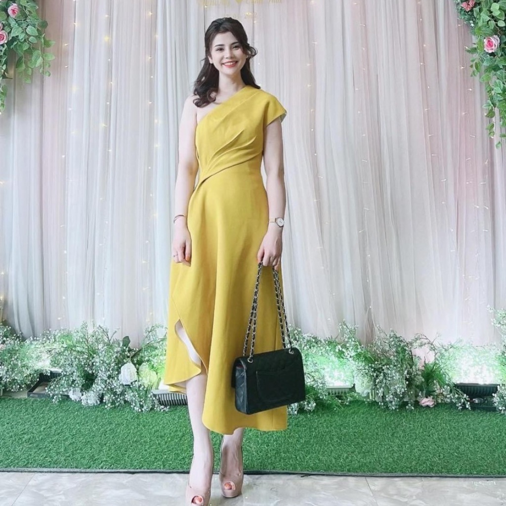Váy đầm EIRA DRESS, lệch vai,  màu vàng sang trọng đi tiệc  LEMINA
