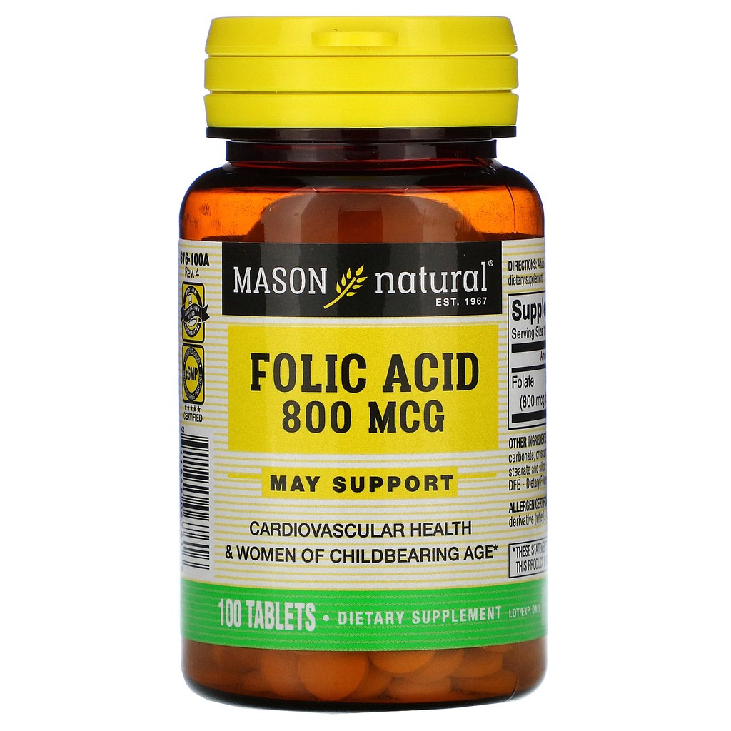 Folic 800mcg  Mason Natural Tốt Cho bà Bầu