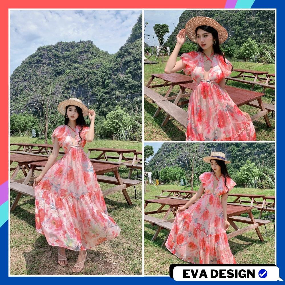 Đầm maxi dài vai bèo cổ V váy nữ vải tơ hoạ tiết hoa hồng sang chảnh mặc đi chơi du lịch biển nghỉ mát resort dự tiệc