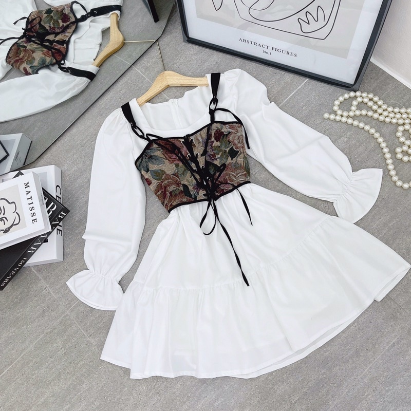 ĐẦM TRẮNG XOÈ TAY DÀI CỔ VUÔNG + YẾM HOA THẮT EO