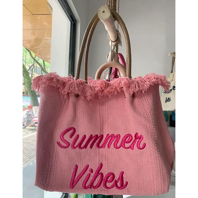 Túi Tote Đeo Vai Vải Canvas Thêu Chữ 2022 Phối Tua Rua Thời Trang Mùa Hè Thông Dụng Cho Nữ