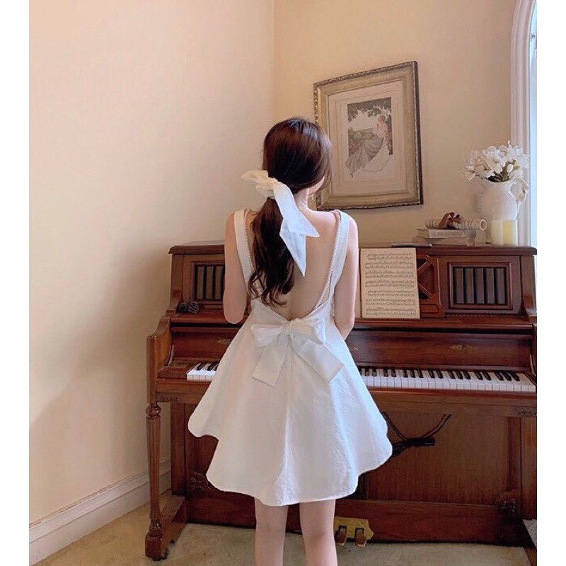 có sẵn /Đầm trắng hai dây thắt nơ eo phối hạt ngọc xoè váy tiệc du lịch prom công chúa tiểu thư