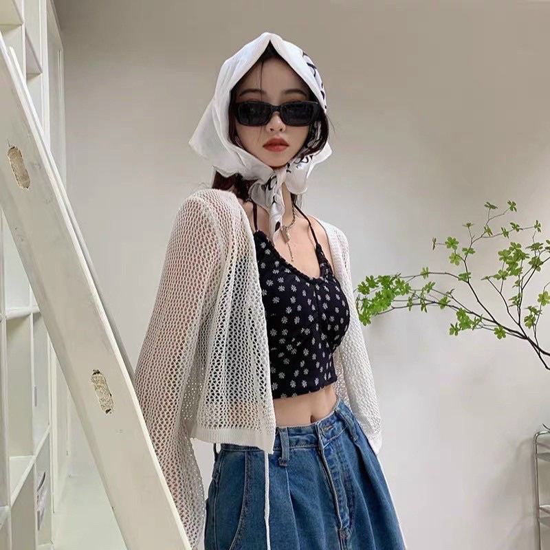 🍊Áo hai dây yếm thun họa tiết phối cardigan len lưới buộc ngực Ulzzang style🌸 Hàng Quảng Châu