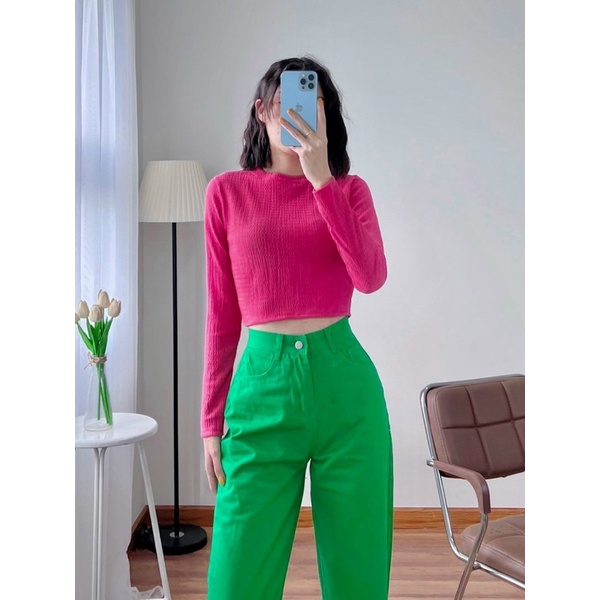 (kèm ảnh thật) Áo phông croptop chất thun xốp tay dài nhiều màu