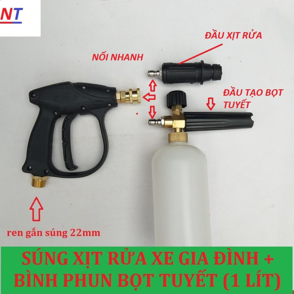 Bình Phun Bọt Tuyết+Súng Xịt Rửa Xe Cho Máy Rửa Xe ❤️FREESHIP❤️ (súng ren 22mm + bình bọt tuyết 1 lít )