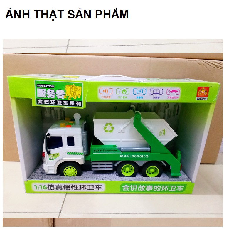 Xe ô tô chở rác có thùng lật mô hình đồ chơi tỉ lệ 1:16 có âm thanh và đèn