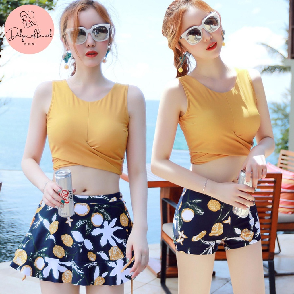 Bikini 3 món đi biển kín đáo DILYS BK37, Đồ bơi nữ phong cách hàn quốc áo 3 lỗ có quần kèm chân váy trẻ trung