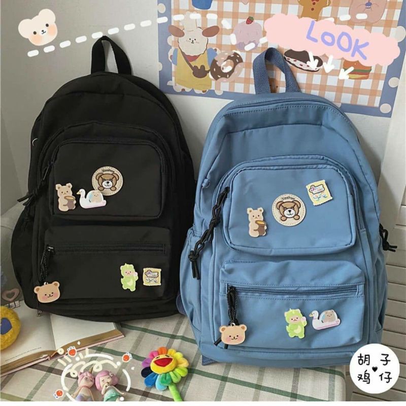 Balo ulzzang nữ vải đi học. Balo vải đi học tem gấu nhiều ngăn