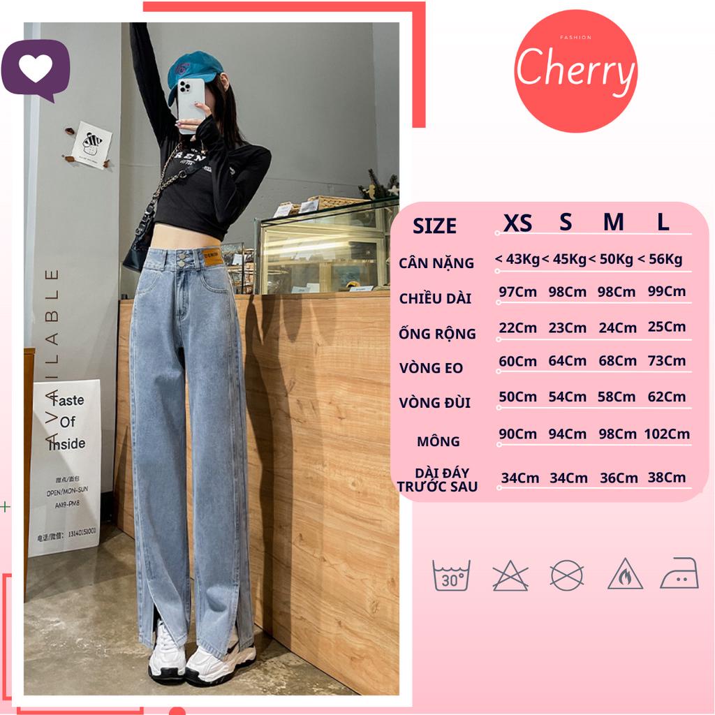 Quần jean nữ ống rộng xẻ gấu CHERRY cạp cao dáng suông 2 cúc, quần bò nữ ống đứng xẻ tà trước chất cotton cao cấp T069