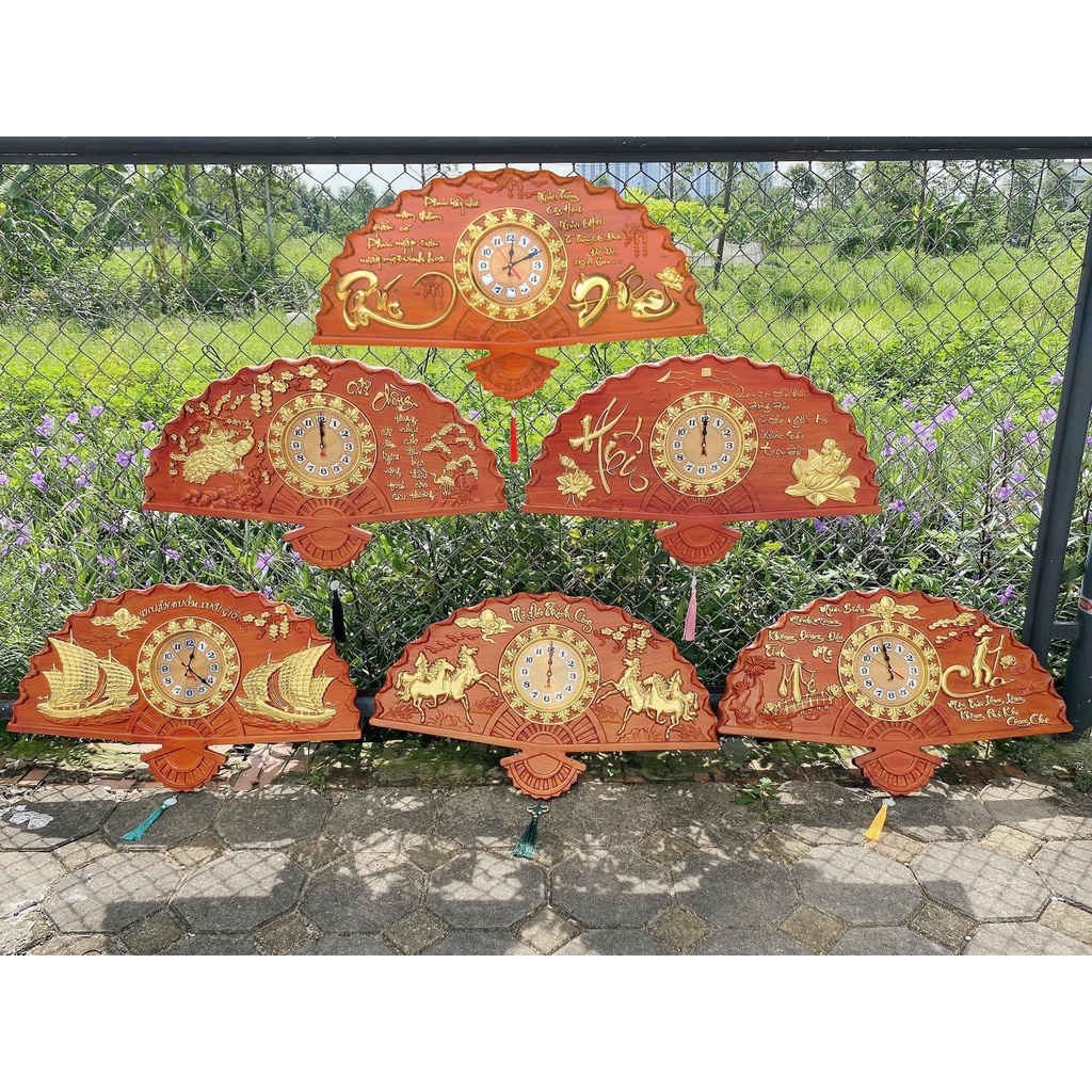 Tranh quạt đồng hồ gỗ hương 48cm x 81cm