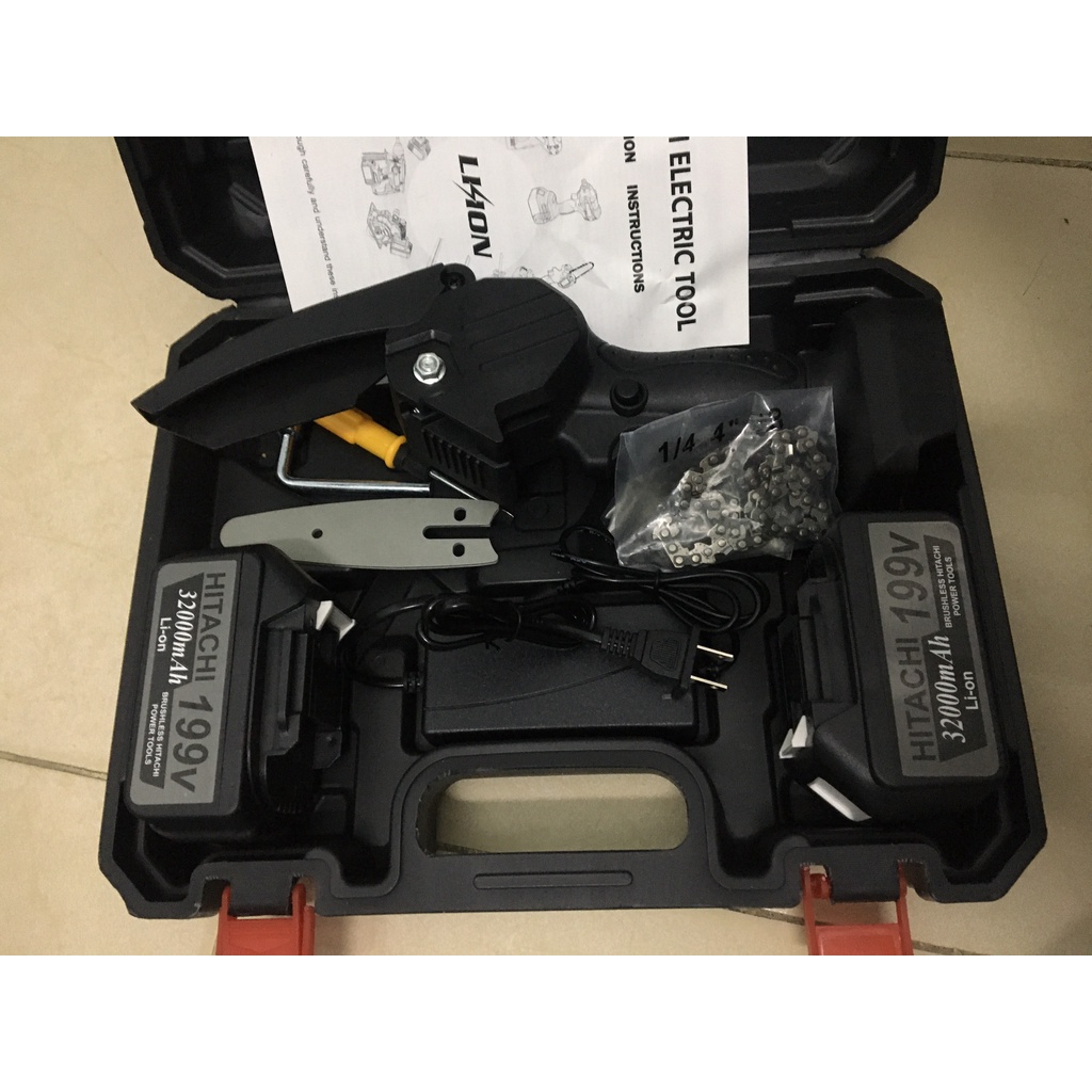 Máy cưa cầm tay, máy cưa xích mini dùng pin 199V HITACHI 2021 máy 2 pin máy cắt gỗ cưa gỗ cực khỏe bảo hành 12 tháng