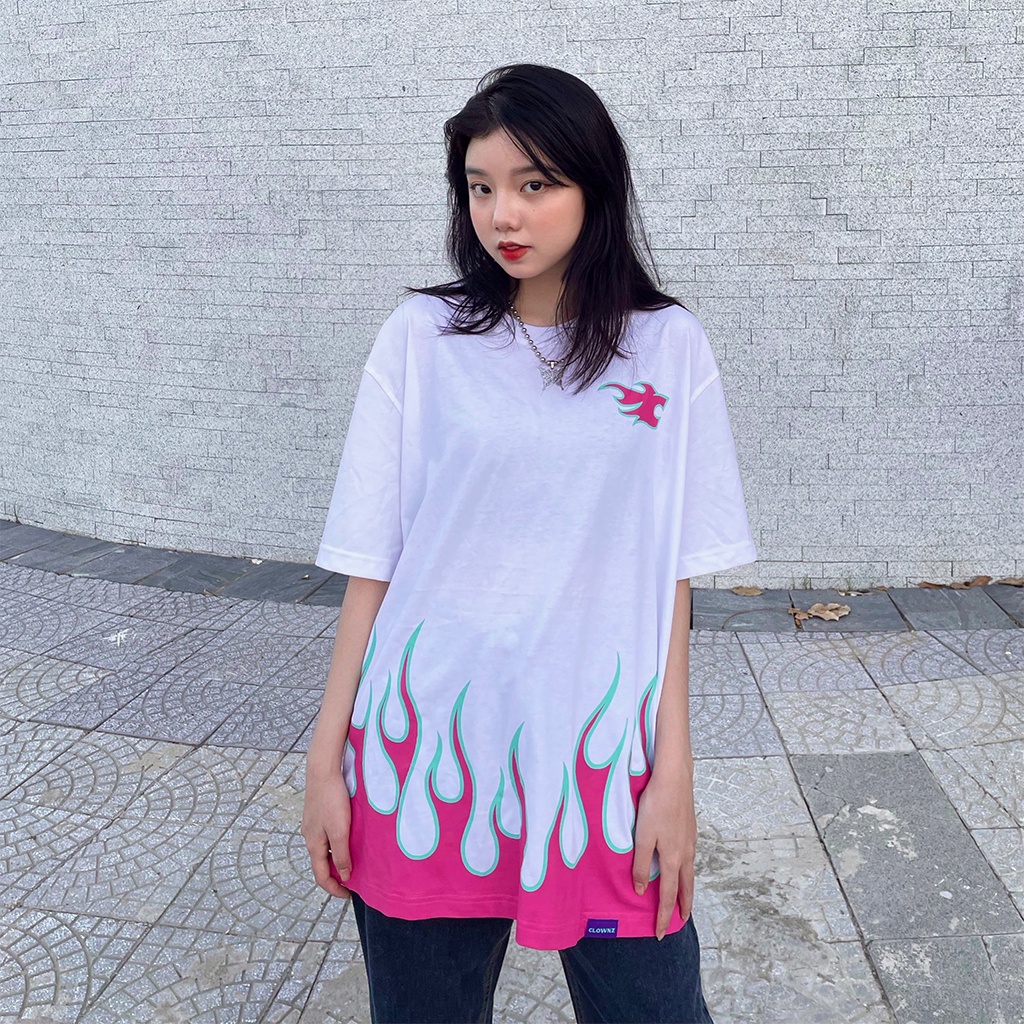 Áo thun tay lỡ local brand Clownz Racing Flames phông cổ tròn form rộng cotton unisex nam nữ
