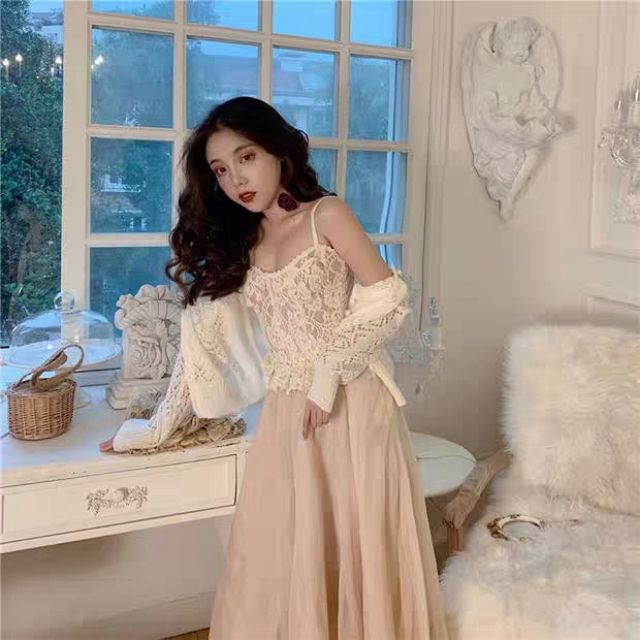 Set váy ren gợi cảm mùa xuân châu âu 3 chi tiết