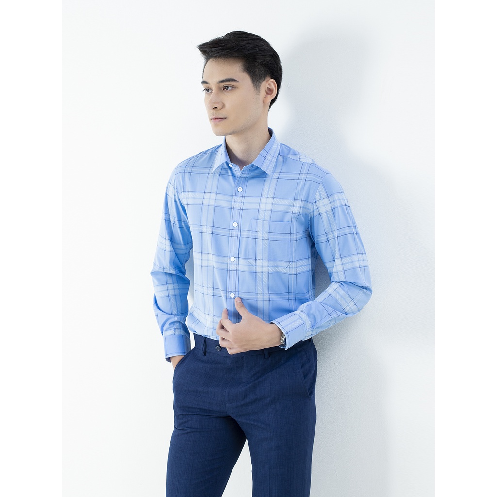 Áo sơ mi nam dài tay ARISTINO ALS30601 somi công sở chính hãng vải sợi sồi cao cấp màu xanh caro trắng dáng suông có túi