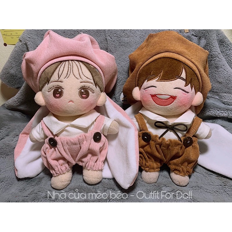 Áo Yếm Mũ thỏ hồng, nâu dành cho gấu bông. Outfit For Doll 15cm 20cm