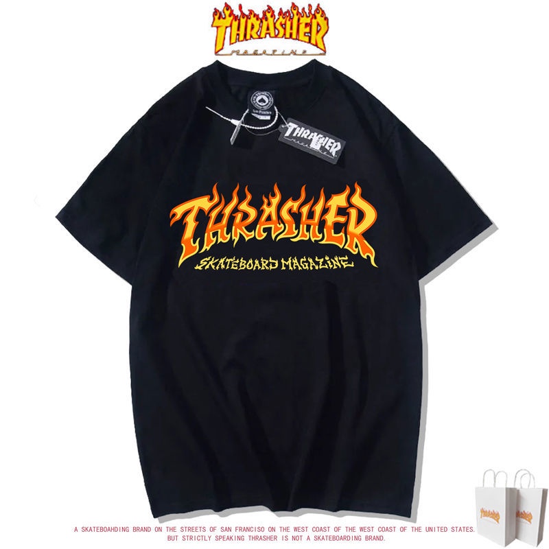 Thrasher Áo thun ngắn tay hình ngọn lửa vải bông rộng thời trang cặp đôi đa năng sành điệu